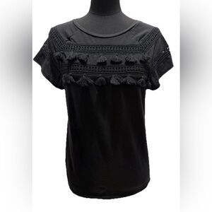 Loft Women's 100% Cotton Short Sleeve Black Eyelet Tasseled Top, Size Small
